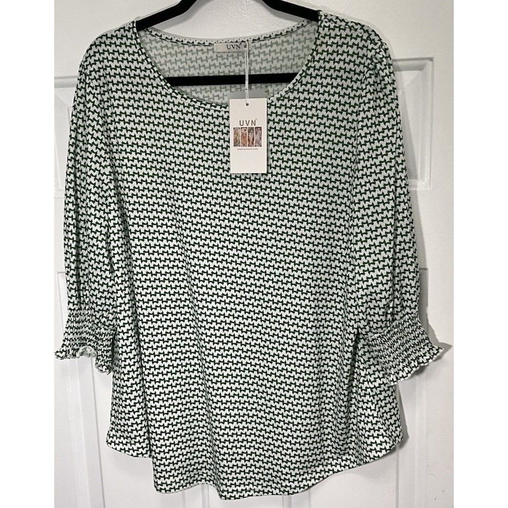 UVN Green/White Business/Casual 3/4 Balloon Sleeve Blouse Women's XL